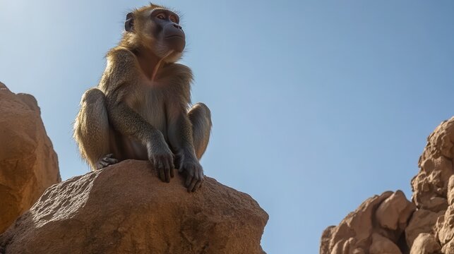 A baboon perched on a rock, showcasing its muscular build and expressive face, set against a sunlit rocky terrain