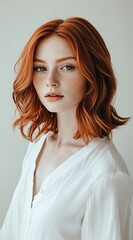 Fototapeta premium Red-Haired Woman in a White Blouse