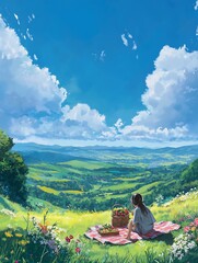 Fototapeta premium A couple sitting on a grassy hill enjoying nature and the view