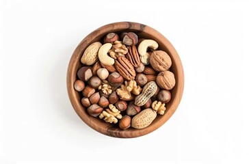 Fototapeta premium A wooden bowl filled with a mix of nuts on a white background, viewed from above. The nuts in the bowl are isolated on a transparent or clean white background