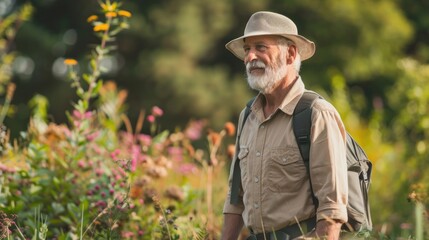 A senior adult taking a walk in nature, appreciating the beauty of the surroundings