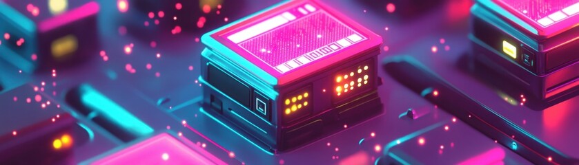 Futuristic neon-lit digital devices with vibrant colors and glowing surfaces.