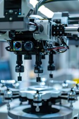 Fototapeta premium Precision Robotic Assembly of Drones Highlighting Advanced Technology and Intricate Components