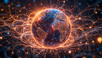 Obraz premium Glowing blue and orange Earth globe with bright light trails and network connections on a dark background