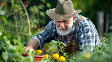 A senior adult man tending to his garden, planting flowers or vegetables