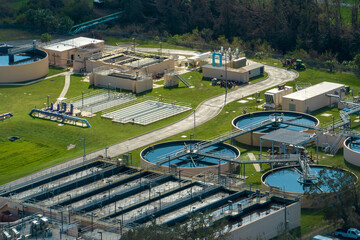 Aerial view of water treatment factory at city wastewater cleaning facility. Purification process...