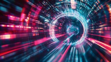 A dynamic holographic logo with glitch effects, floating in a digital space surrounded by light trails