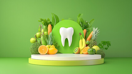 Vibrant stage podium featuring large tooth surrounded by fresh fruits and vegetables, symbolizing dental health and nutrition. green background enhances fresh and healthy theme