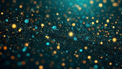 Naklejka premium A dark background with many tiny, colorful lights, mostly teal and gold.