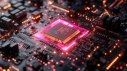 Obraz premium Closeup glowing neon light processor on circuit board