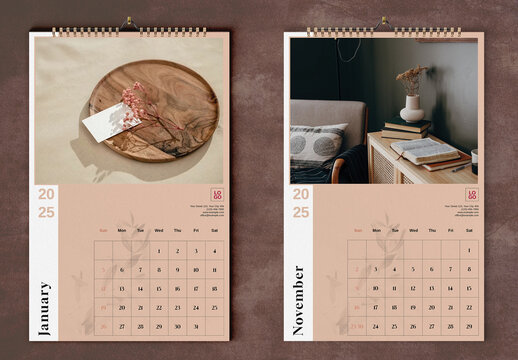 Pale Pink Boho Wall Calendar 2025 Layout