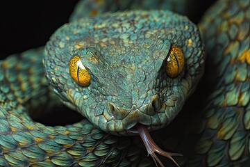 Fototapeta premium Coiled Elegance: A Striking Close-Up of a Green Snake in Vivid Detail