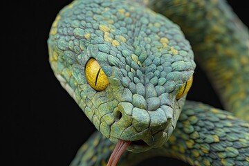 Fototapeta premium Coiled Elegance: A Striking Close-Up of a Green Snake in Vivid Detail