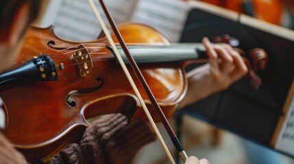 An adult practicing playing a musical instrument, using sheet music and instructional videos