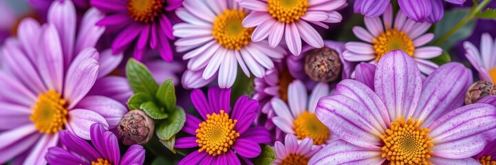 Vivid purple flower petals and leaves in a vibrant and captivating composition, captivating, floral, beauty