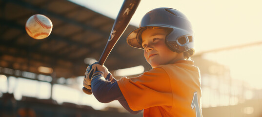 Young Baseball Player in Action with Dynamic Motion and Stadium Background