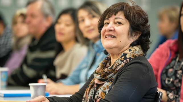 Adults attending an ESL (English as a Second Language) class, practicing speaking and listening skills