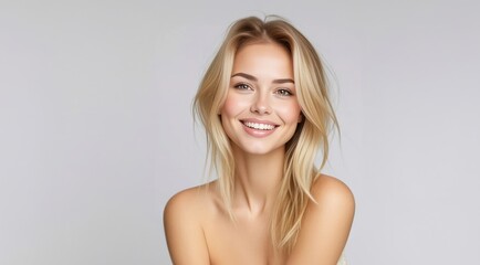 Fototapeta premium Beauty female face. Man woman smiling. Young beauty girl laughing. Portrait Of Young Smiling Model. Closeup face of smiling model. Portrait of young woman with blonde hair. Natural beauty.
