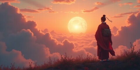 Obraz premium A serene figure in traditional attire gazes at a breathtaking sunset over the clouds, embodying tranquility and contemplation.