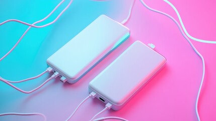 Stylish power banks with cables on a colorful background, ideal for tech enthusiasts.