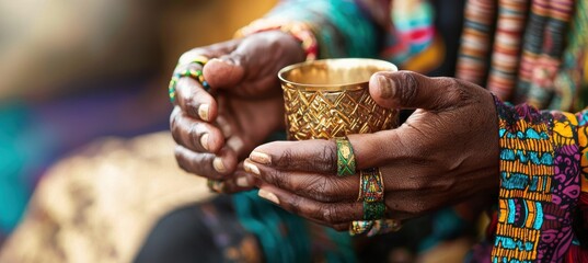 Kwanzaa Ceremony: Close-Up of Hands Holding Unity Cup with African Jewelry and Textiles