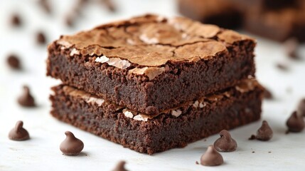 Delicious chocolate brownies stacked with chocolate chip