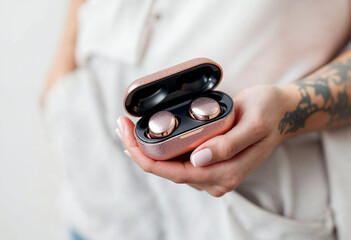 MockuSleek Rose Gold Wireless Earbuds in Charging Case Stylish and Functional Audio Accessories for Modern Lifestyle