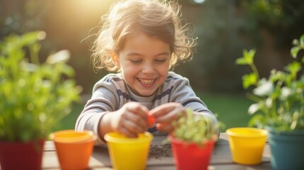 Fototapeta premium A child excitedly using a seed planting kit in a sunny backyard