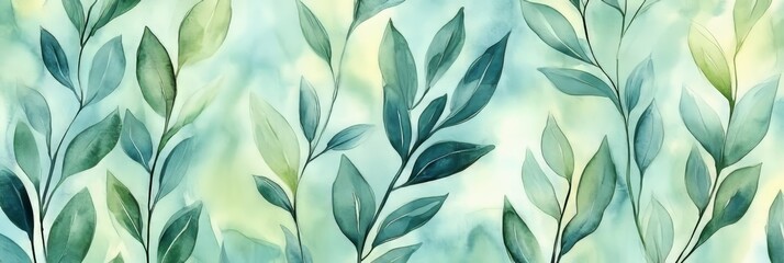 Fototapeta premium Watercolor Floral Pattern, Delicate Botanical Background with Green and Teal Leaves, Branches