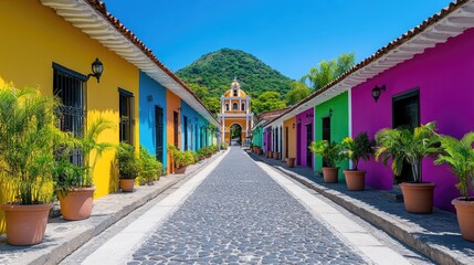 Obraz premium Bright morning light illuminates a vibrant street in Antigua Guatemala, lined with colorful buildings and lush plants. In the background, a stunning arch leads towards Volcan de Agua