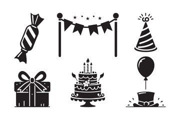 Birthday Celebration Icon Set Vector Graphics on White Backdrop