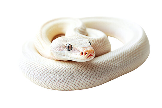 A beautiful white python snake coiled elegantly against a white isolated background, showcasing its unique scales and striking features.