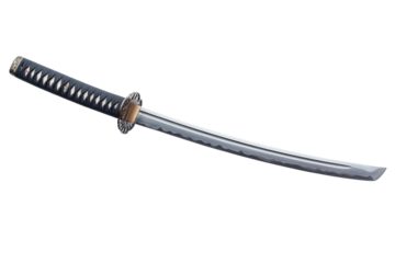 A beautifully crafted katana sword with a curved blade, showcasing intricate detail and craftsmanship against a white isolated background.