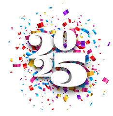 Obraz premium Festive vector illustration of 2025 with colorful confetti bursting on a clean white background, perfect for celebrations.