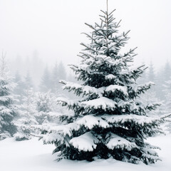 Fototapeta premium Christmas Tree in Snow – Crisp Air Palette: Snowy White, Sky Blue, and Pine Green