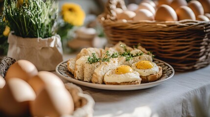 Rustic farmhouse setting with Eggs Benedict on a plate, surrounded by fresh eggs in a wicker basket