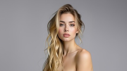 Naklejka premium Beautiful blonde woman. Beauty, skincare, and cosmetics advertisements. Portrait of a sexy woman with glowing skin and natural makeup. Perfect beauty girl face. Natural beauty.