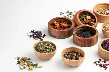 Dried tea leaves, dried fruits, and flowers in wooden bowls, blended with a white background green tea in a bowl