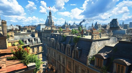 Panoramic view of Parisian rooftops, buildings, and cityscape under a sunny sky.