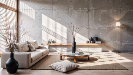 Generative AI, Modern living room featuring a concrete accent wall, a modular cream sofa, and minimalist decor with dynamic light and shadow patterns