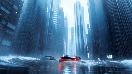 Naklejka premium Cars submerged in urban floodwaters during a heavy rainstorm ami