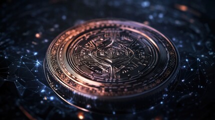 Intricately designed cryptocurrency coin in luxurious digital illustration