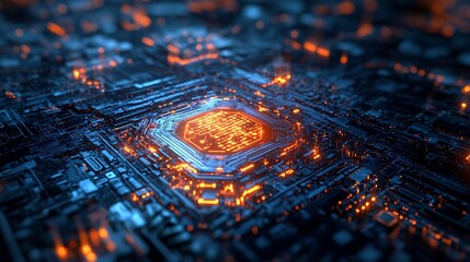 A glowing holographic logo surrounded by swirling light beams, against a dark backdrop