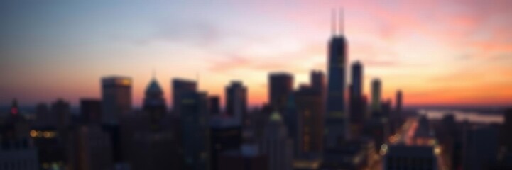 Fototapeta premium This ethereal image captures the beauty of a city skyline at sunrise, with a soft focus effect creating a dreamy and atmospheric feel. The warm glow of the rising sun illuminates the buildings.