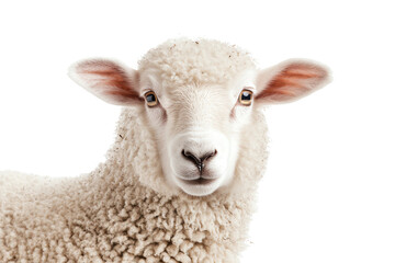 Fototapeta premium A close-up portrait of a fluffy sheep with soft white wool against a white isolate background, showcasing its expressive eyes and friendly demeanor.