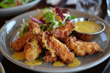Fototapeta premium Crispy Chicken Strips with Spicy Mustard Sauce