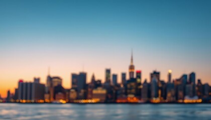 Obraz premium This ethereal image captures the beauty of a city skyline at sunrise, with a soft focus effect creating a dreamy and atmospheric feel. The warm glow of the rising sun illuminates the buildings.