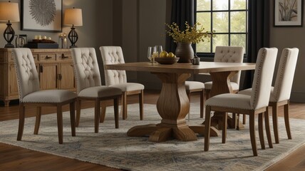 Oak dining set with upholstered chairs in a modern living room.