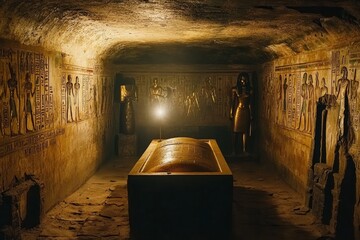 Ancient tomb interior with inscriptions and artifacts. Generative AI