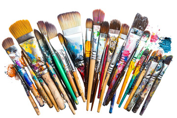 Fototapeta premium A collection of diverse paintbrushes with vibrant colors and various sizes against a white background, perfect for artists and art enthusiasts.
